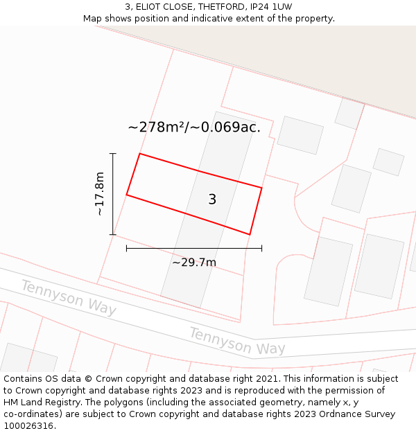 3, ELIOT CLOSE, THETFORD, IP24 1UW: Plot and title map