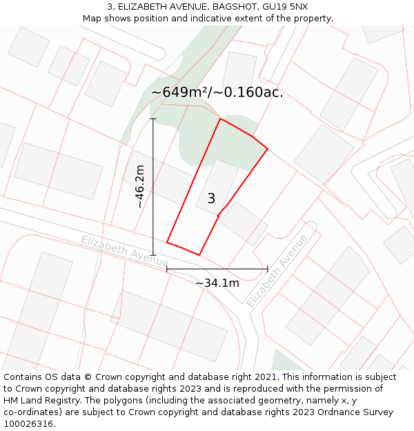 3, ELIZABETH AVENUE, BAGSHOT, GU19 5NX: Plot and title map