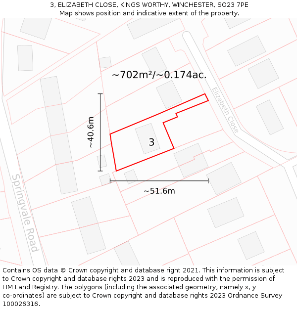 3, ELIZABETH CLOSE, KINGS WORTHY, WINCHESTER, SO23 7PE: Plot and title map