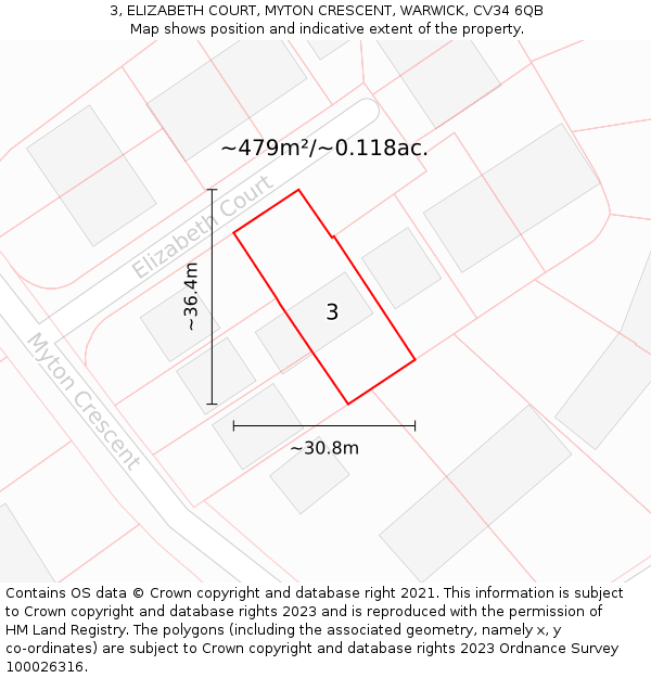 3, ELIZABETH COURT, MYTON CRESCENT, WARWICK, CV34 6QB: Plot and title map