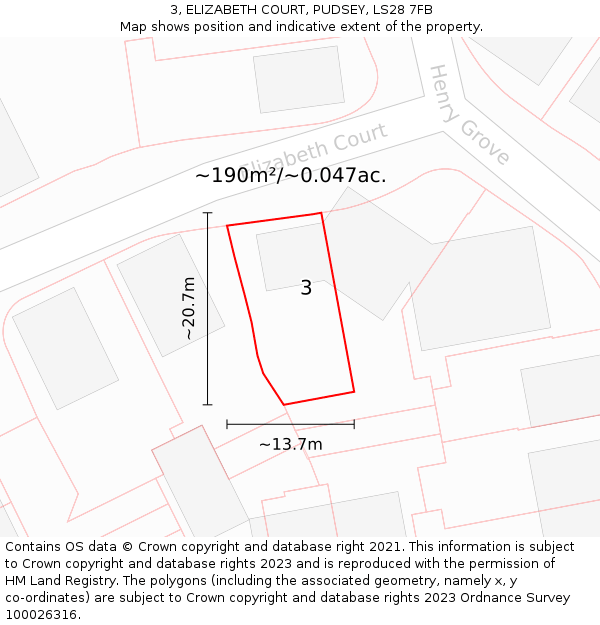 3, ELIZABETH COURT, PUDSEY, LS28 7FB: Plot and title map