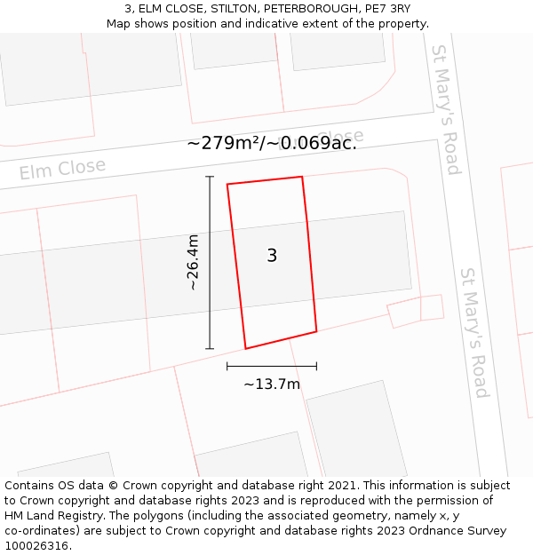 3, ELM CLOSE, STILTON, PETERBOROUGH, PE7 3RY: Plot and title map