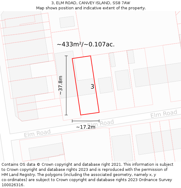 3, ELM ROAD, CANVEY ISLAND, SS8 7AW: Plot and title map