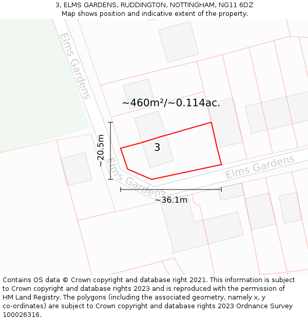 3, ELMS GARDENS, RUDDINGTON, NOTTINGHAM, NG11 6DZ: Plot and title map