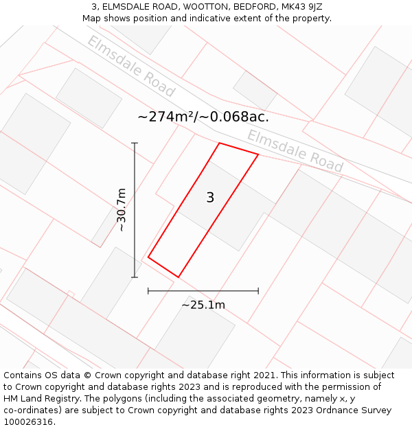 3, ELMSDALE ROAD, WOOTTON, BEDFORD, MK43 9JZ: Plot and title map