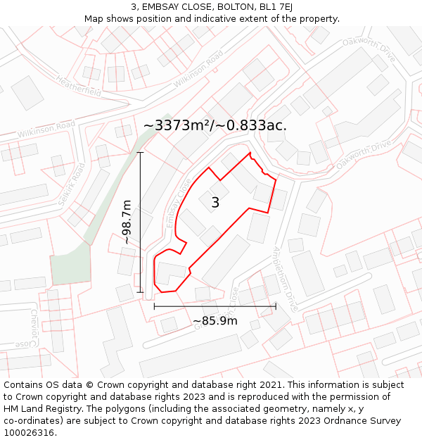 3, EMBSAY CLOSE, BOLTON, BL1 7EJ: Plot and title map