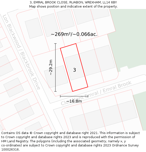 3, EMRAL BROOK CLOSE, RUABON, WREXHAM, LL14 6BY: Plot and title map