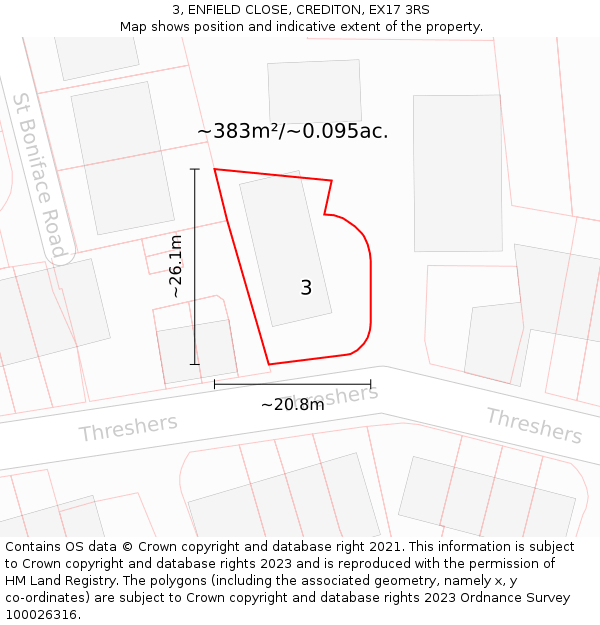 3, ENFIELD CLOSE, CREDITON, EX17 3RS: Plot and title map