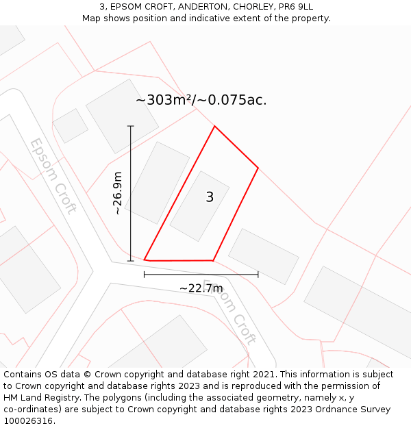 3, EPSOM CROFT, ANDERTON, CHORLEY, PR6 9LL: Plot and title map