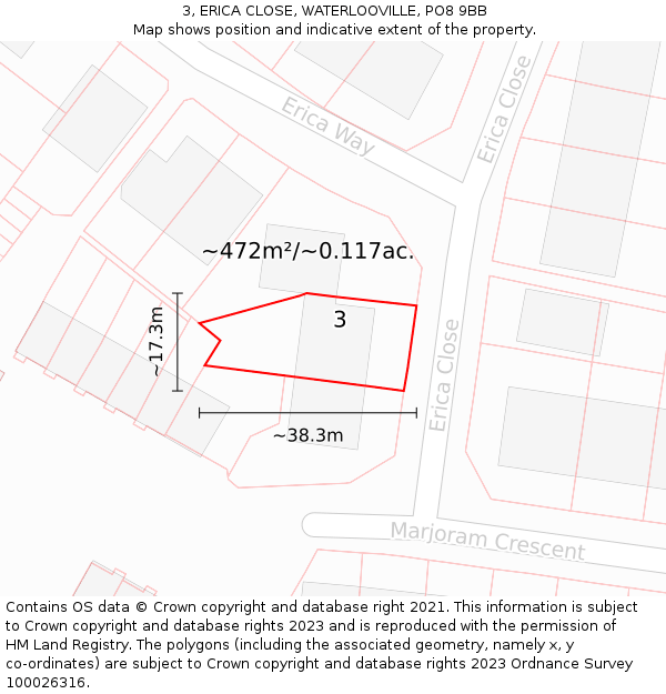 3, ERICA CLOSE, WATERLOOVILLE, PO8 9BB: Plot and title map