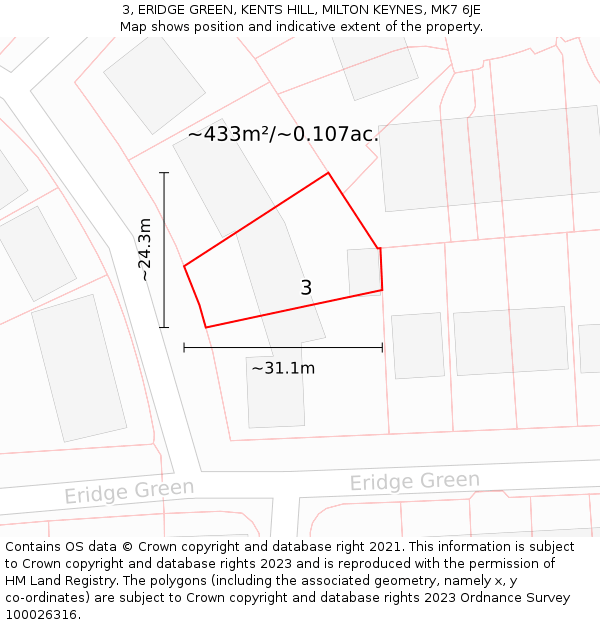 3, ERIDGE GREEN, KENTS HILL, MILTON KEYNES, MK7 6JE: Plot and title map