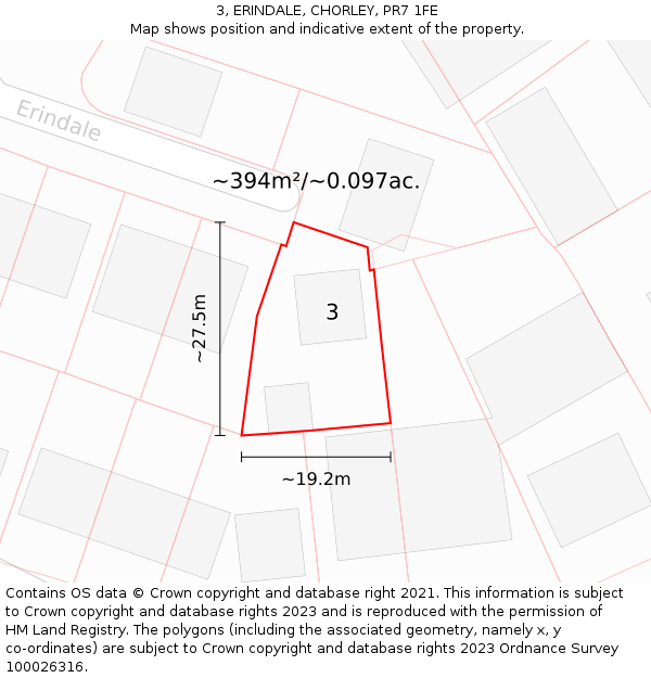 3, ERINDALE, CHORLEY, PR7 1FE: Plot and title map