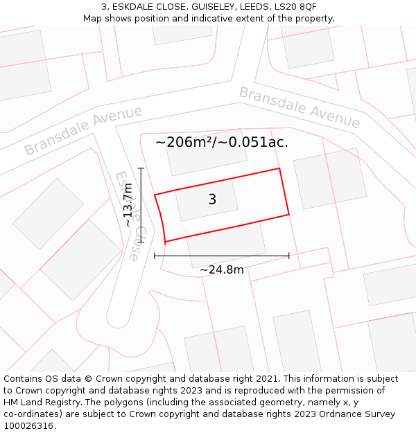 3, ESKDALE CLOSE, GUISELEY, LEEDS, LS20 8QF: Plot and title map