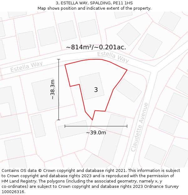 3, ESTELLA WAY, SPALDING, PE11 1HS: Plot and title map