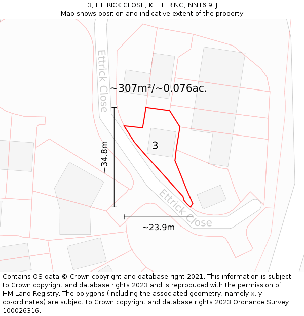 3, ETTRICK CLOSE, KETTERING, NN16 9FJ: Plot and title map