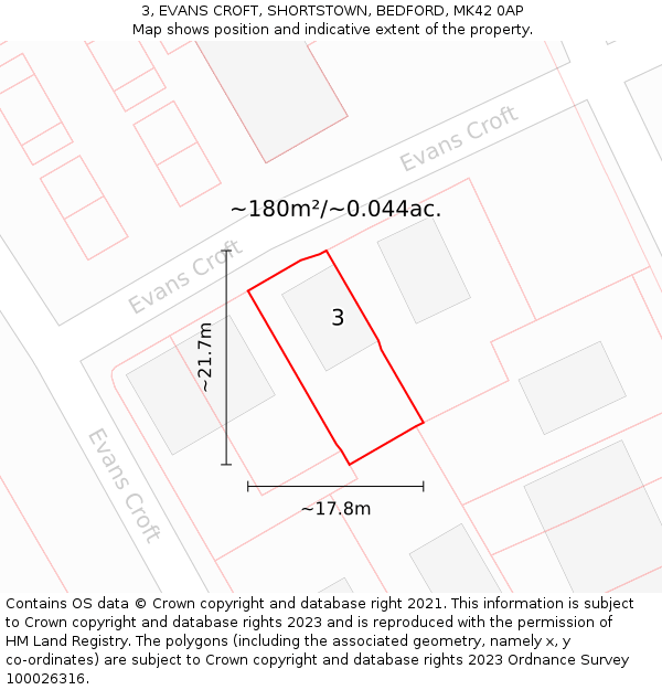 3, EVANS CROFT, SHORTSTOWN, BEDFORD, MK42 0AP: Plot and title map