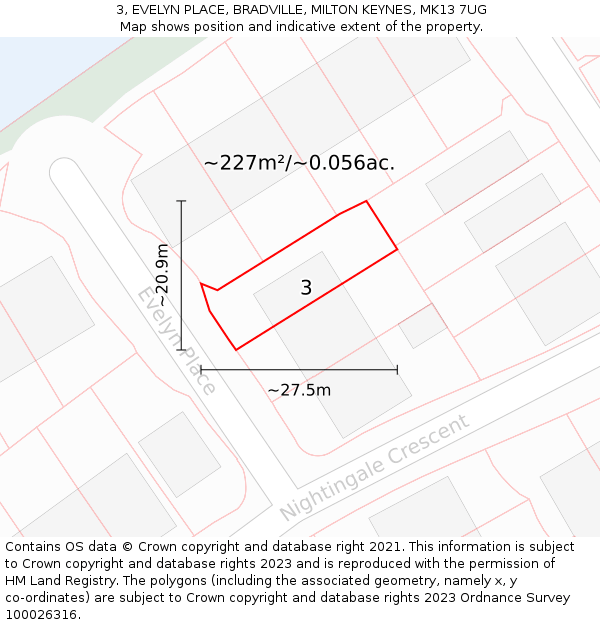 3, EVELYN PLACE, BRADVILLE, MILTON KEYNES, MK13 7UG: Plot and title map