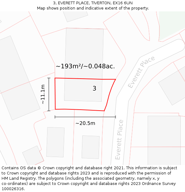 3, EVERETT PLACE, TIVERTON, EX16 6UN: Plot and title map