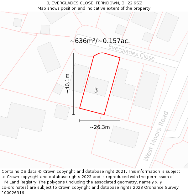 3, EVERGLADES CLOSE, FERNDOWN, BH22 9SZ: Plot and title map