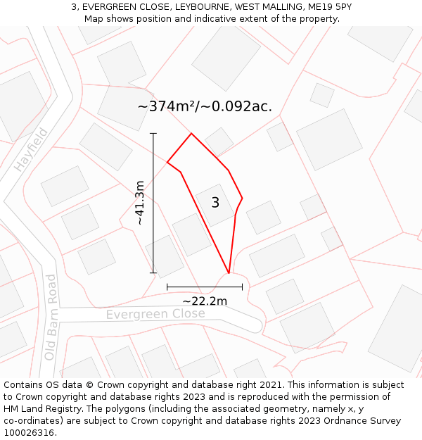 3, EVERGREEN CLOSE, LEYBOURNE, WEST MALLING, ME19 5PY: Plot and title map