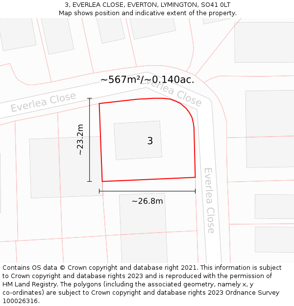 3, EVERLEA CLOSE, EVERTON, LYMINGTON, SO41 0LT: Plot and title map
