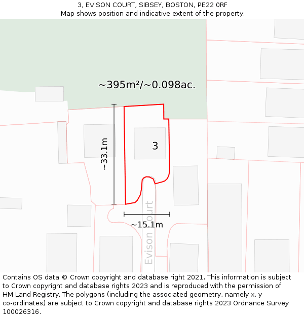 3, EVISON COURT, SIBSEY, BOSTON, PE22 0RF: Plot and title map