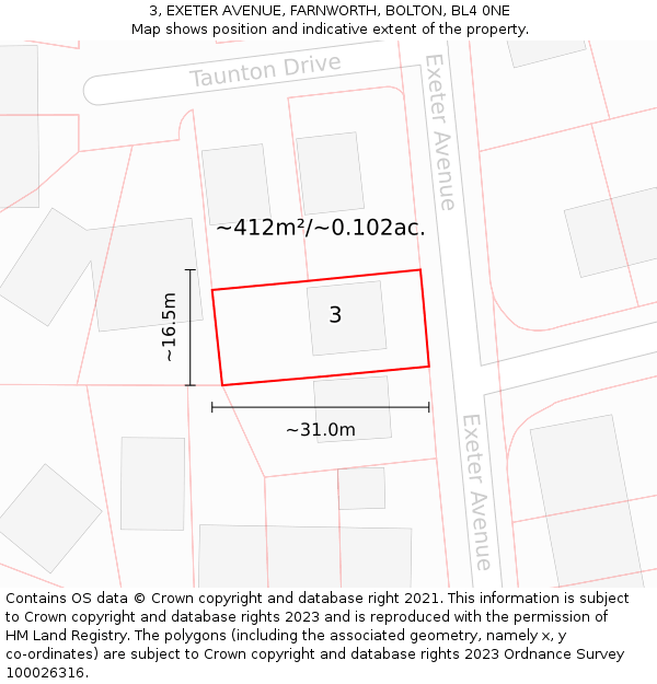 3, EXETER AVENUE, FARNWORTH, BOLTON, BL4 0NE: Plot and title map