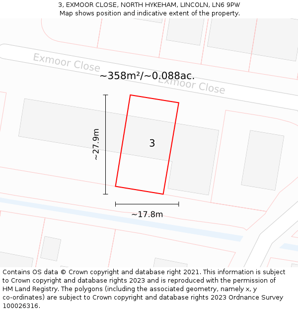 3, EXMOOR CLOSE, NORTH HYKEHAM, LINCOLN, LN6 9PW: Plot and title map