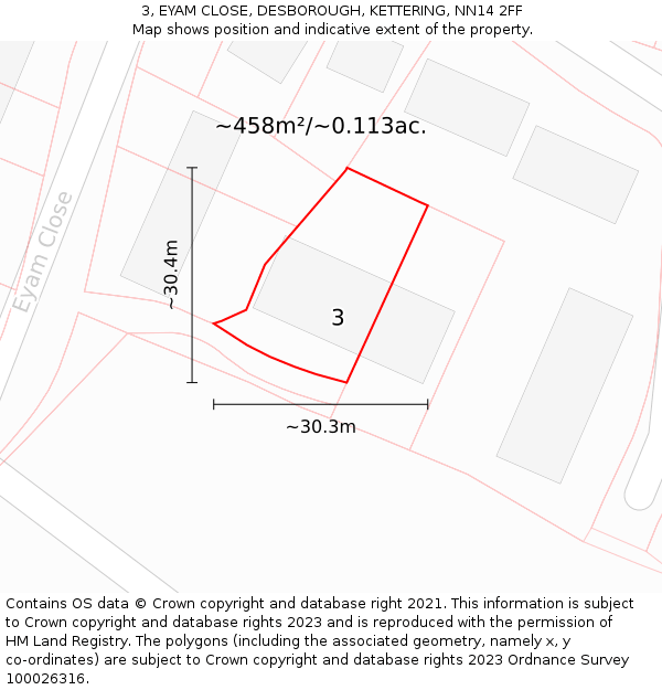 3, EYAM CLOSE, DESBOROUGH, KETTERING, NN14 2FF: Plot and title map