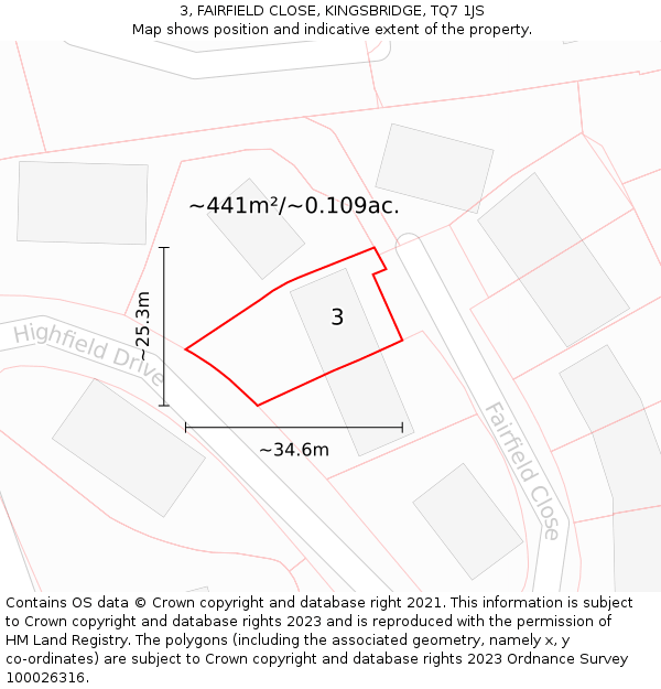 3, FAIRFIELD CLOSE, KINGSBRIDGE, TQ7 1JS: Plot and title map