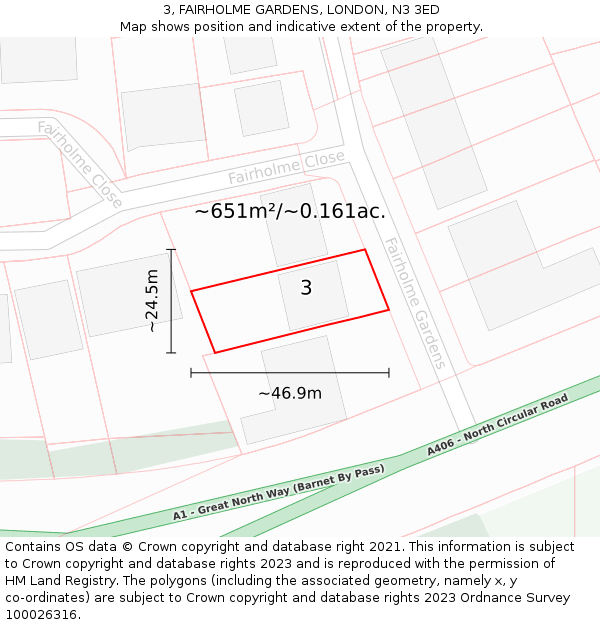 3, FAIRHOLME GARDENS, LONDON, N3 3ED: Plot and title map