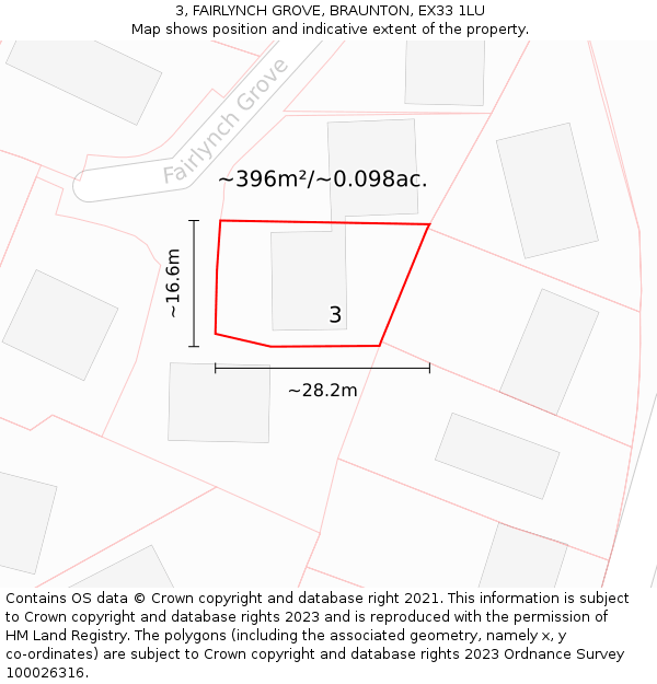 3, FAIRLYNCH GROVE, BRAUNTON, EX33 1LU: Plot and title map