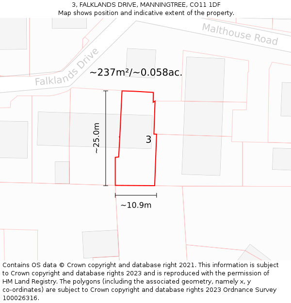 3, FALKLANDS DRIVE, MANNINGTREE, CO11 1DF: Plot and title map