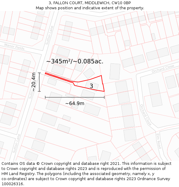 3, FALLON COURT, MIDDLEWICH, CW10 0BP: Plot and title map