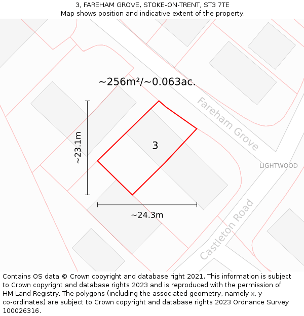 3, FAREHAM GROVE, STOKE-ON-TRENT, ST3 7TE: Plot and title map