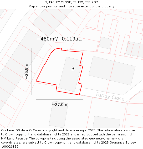 3, FARLEY CLOSE, TRURO, TR1 2GD: Plot and title map