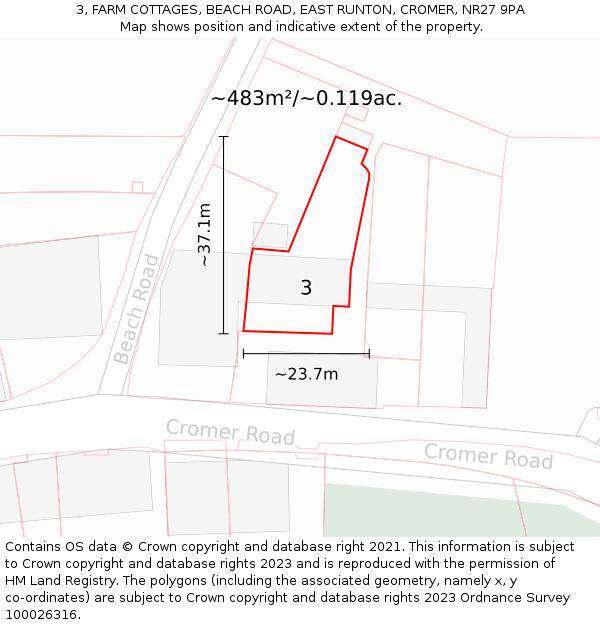 3, FARM COTTAGES, BEACH ROAD, EAST RUNTON, CROMER, NR27 9PA: Plot and title map