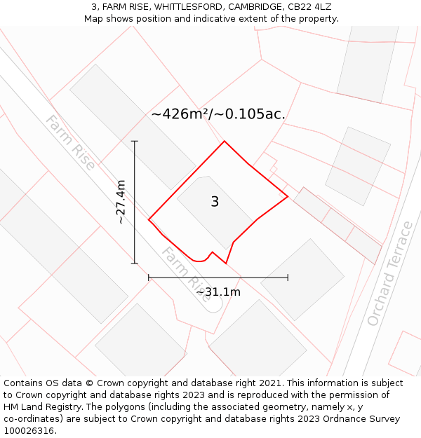 3, FARM RISE, WHITTLESFORD, CAMBRIDGE, CB22 4LZ: Plot and title map