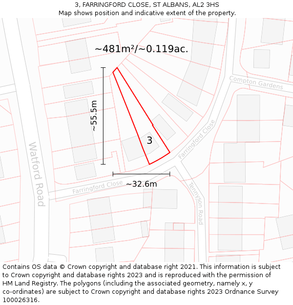 3, FARRINGFORD CLOSE, ST ALBANS, AL2 3HS: Plot and title map