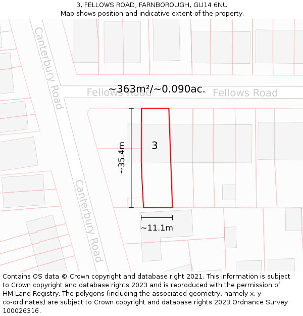 3, FELLOWS ROAD, FARNBOROUGH, GU14 6NU: Plot and title map