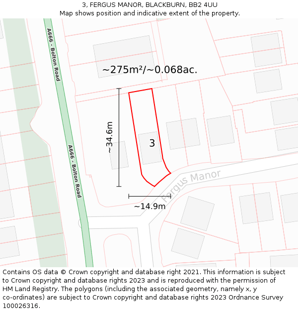 3, FERGUS MANOR, BLACKBURN, BB2 4UU: Plot and title map