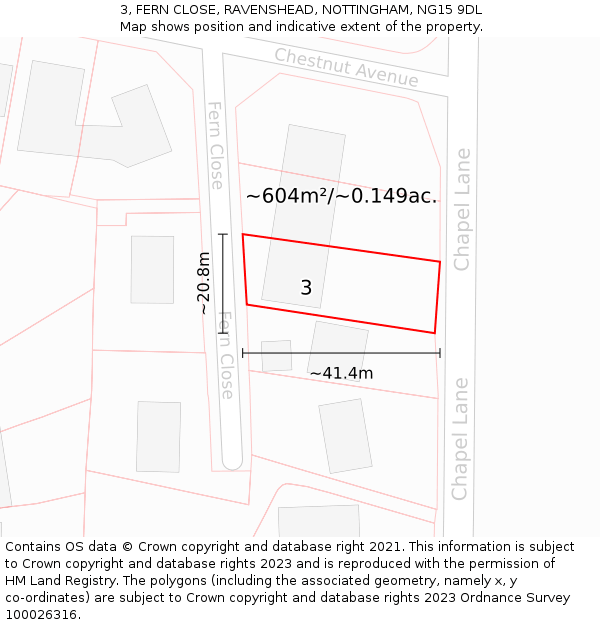 3, FERN CLOSE, RAVENSHEAD, NOTTINGHAM, NG15 9DL: Plot and title map