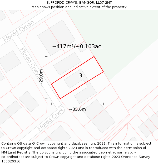 3, FFORDD CRWYS, BANGOR, LL57 2NT: Plot and title map