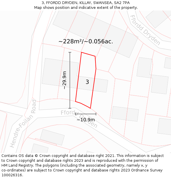 3, FFORDD DRYDEN, KILLAY, SWANSEA, SA2 7PA: Plot and title map