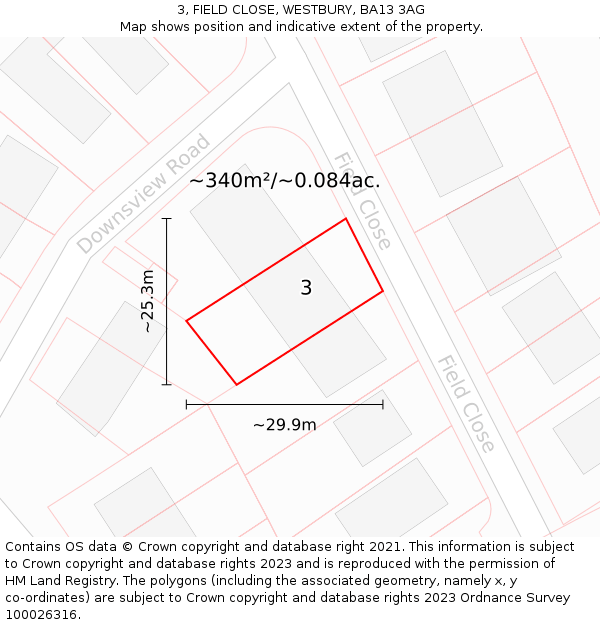 3, FIELD CLOSE, WESTBURY, BA13 3AG: Plot and title map