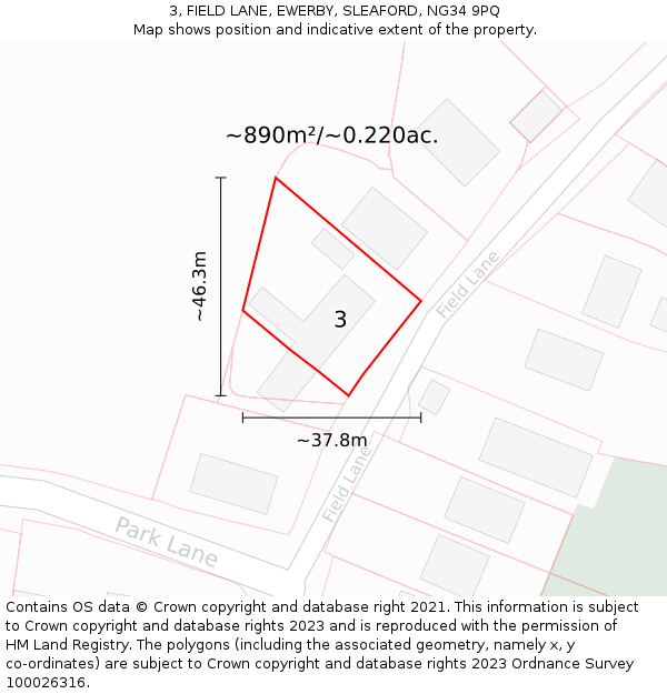 3, FIELD LANE, EWERBY, SLEAFORD, NG34 9PQ: Plot and title map