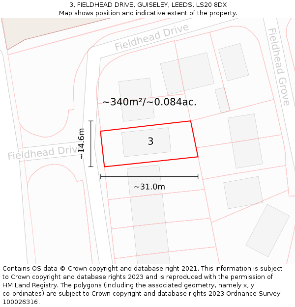 3, FIELDHEAD DRIVE, GUISELEY, LEEDS, LS20 8DX: Plot and title map