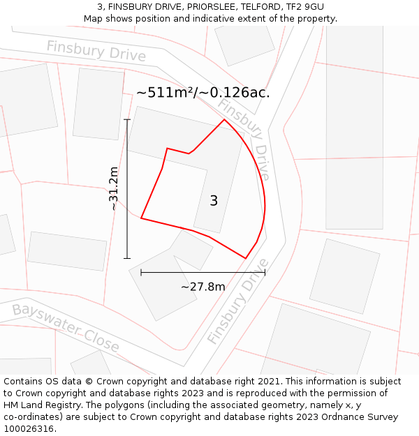 3, FINSBURY DRIVE, PRIORSLEE, TELFORD, TF2 9GU: Plot and title map