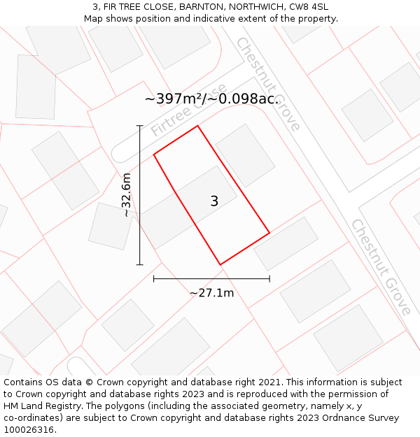 3, FIR TREE CLOSE, BARNTON, NORTHWICH, CW8 4SL: Plot and title map