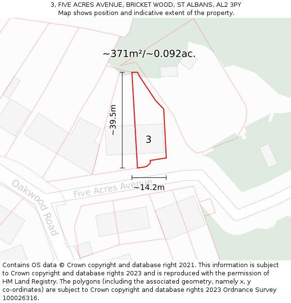 3, FIVE ACRES AVENUE, BRICKET WOOD, ST ALBANS, AL2 3PY: Plot and title map